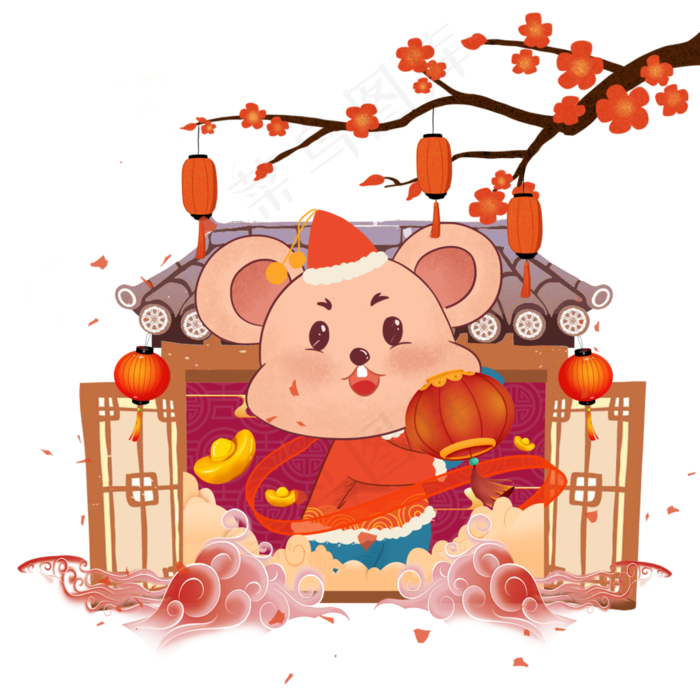 可爱老鼠红色拿灯笼新春喜庆,免抠元素