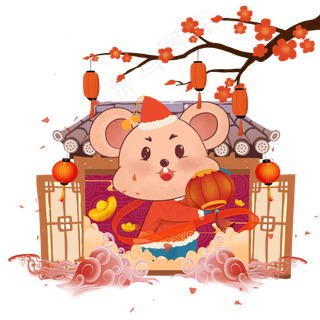 可爱老鼠红色拿灯笼新春喜庆,免抠元素