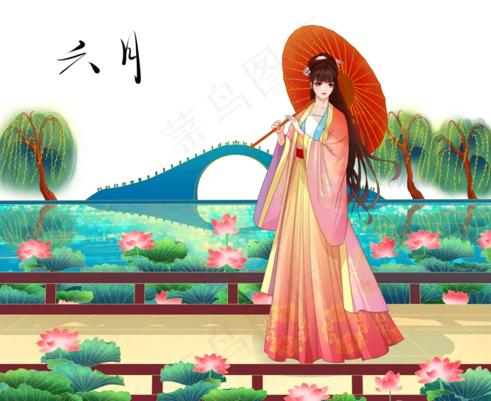 夏日古风荷花女孩(3545X5315(DPI:300))psd模版下载