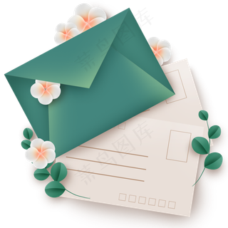 绿色信封明信片和白色花朵,免抠元素