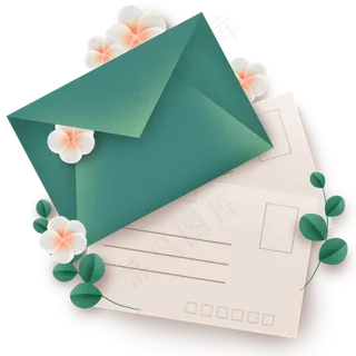 绿色信封明信片和白色花朵,免抠元素