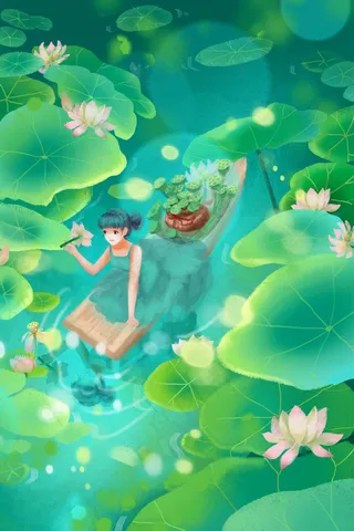 立夏绿色女孩采荷莲叶间