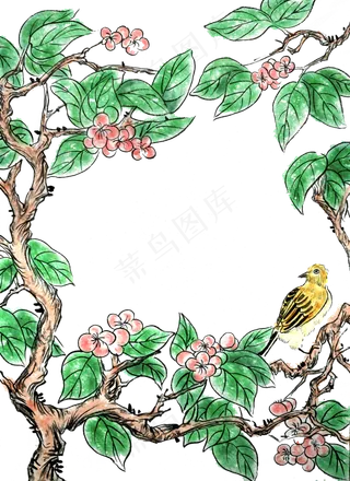 国画水墨花鸟春天装饰边框清明中,免抠元素
