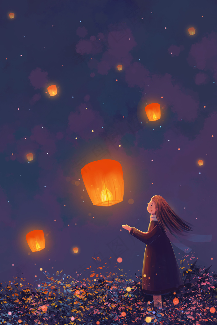 元宵唯美主题之女孩与孔明灯治愈系