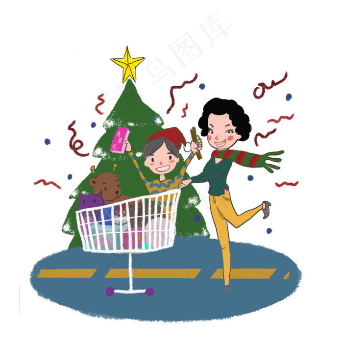 圣诞节欢乐母子购物平安夜PNG,免抠元素