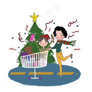 圣诞节欢乐母子购物平安夜PNG,免抠元素