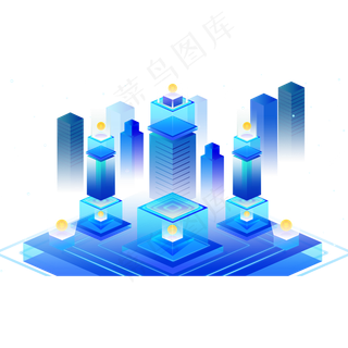 2.5D蓝色互联网经济场景,免抠元素
