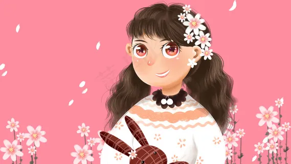 粉色系手绘质感花与少女配图