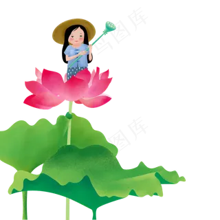 盛夏池塘里的荷花和小女孩