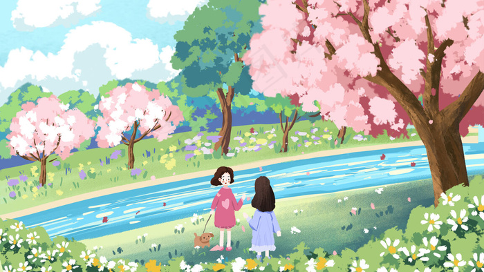 樱花季节出门散步遇到朋友治愈系(2880*1620px 300 dpi )psd模版下载