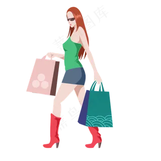 卡通扁平化时尚购物美女绿衣侧身,免抠元素