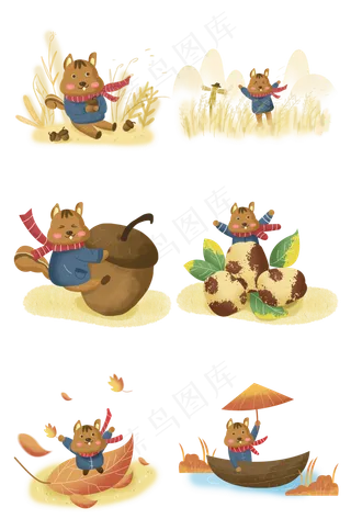 秋天动物松鼠秋日落叶叶子船松果