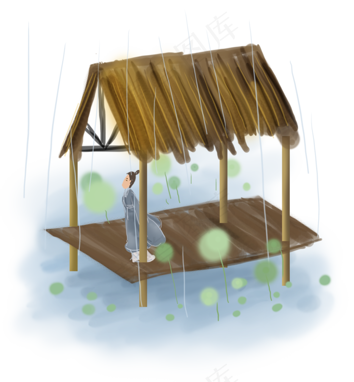 中国风赏雨的古人,免抠元素(2000*2158px 300 dpi )psd模版下载