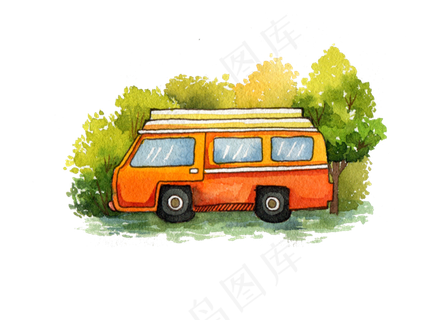 汽车红色大巴车水彩卡通手绘装饰