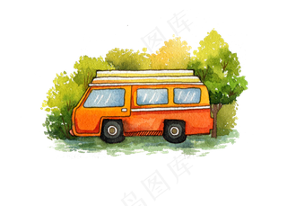 汽车红色大巴车水彩卡通手绘装饰
