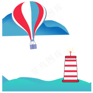 山水海边灯塔飞翔的热气球