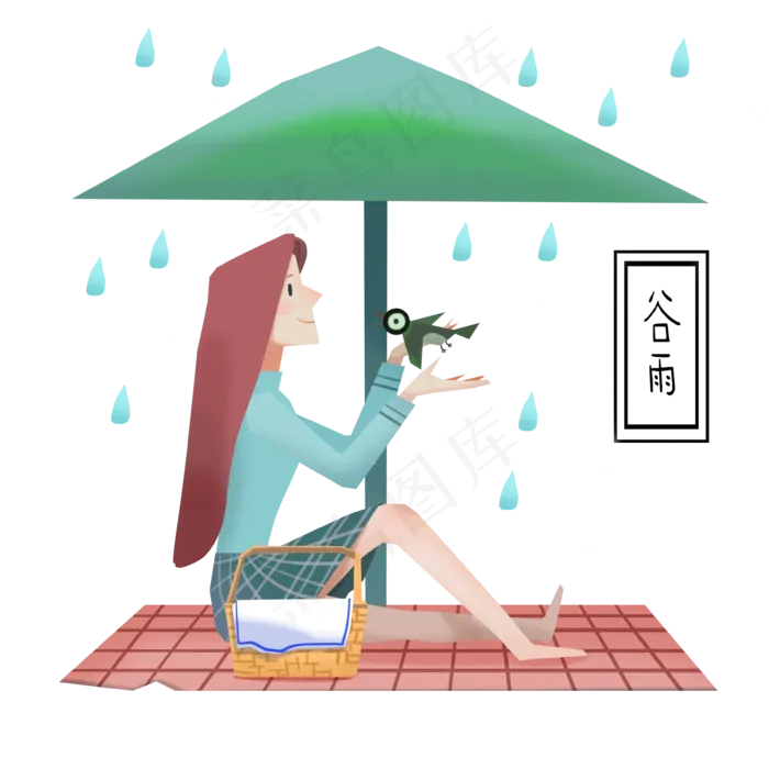 谷雨女孩绿亭下避雨(3543X3543(DPI:300))psd模版下载
