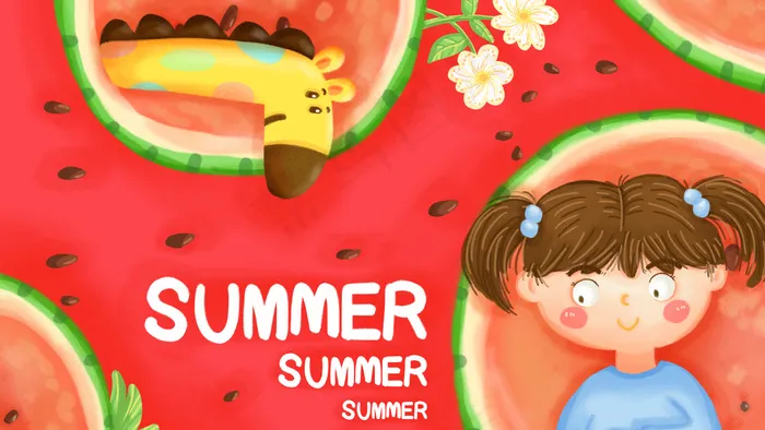 夏季夏天食物西瓜长颈鹿女孩(2880*1620px 300 dpi )psd模版下载