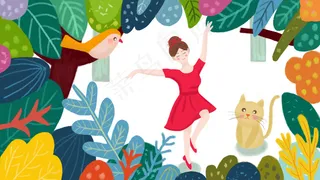 立春春天美丽的女孩在树林里跳舞