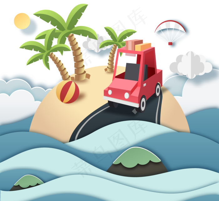 夏季海滩度假剪纸在岛上