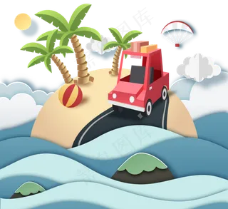 夏季海滩度假剪纸在岛上