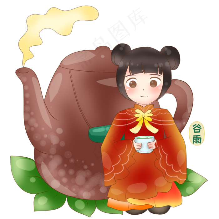 谷雨喝茶的小女孩