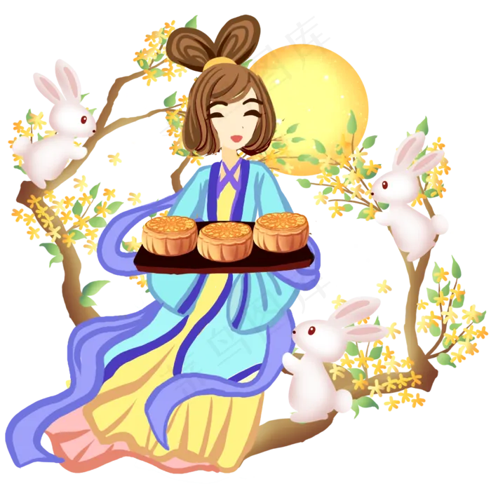 嫦娥玉兔桂花树,免抠元素(2480*2480px 300 dpi )psd模版下载