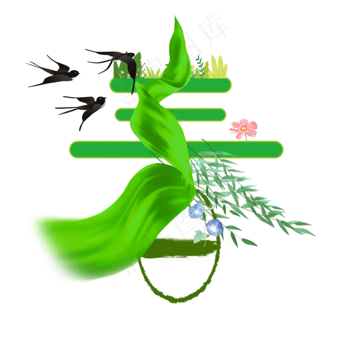 绿色春字燕子春天来了植树节元素