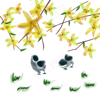 中国风山水植物花鸟小鸡迎春花,免抠元素