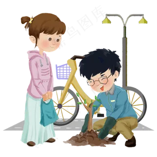 植树节人物和自行车