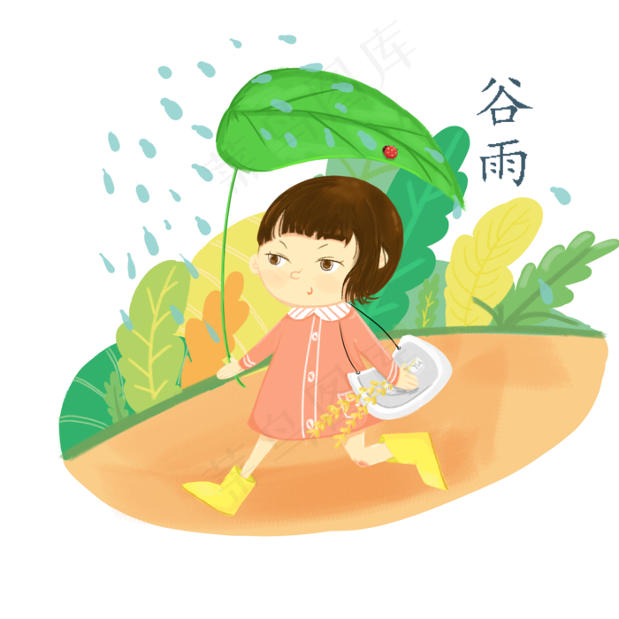 谷雨用叶子挡雨女孩