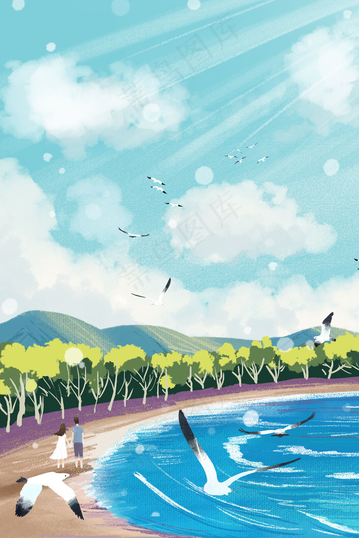 海边大海边散步小清新(3545*5315px 300 dpi )psd模版下载