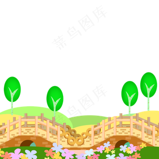 春天小桥花海树木明媚景色PNG