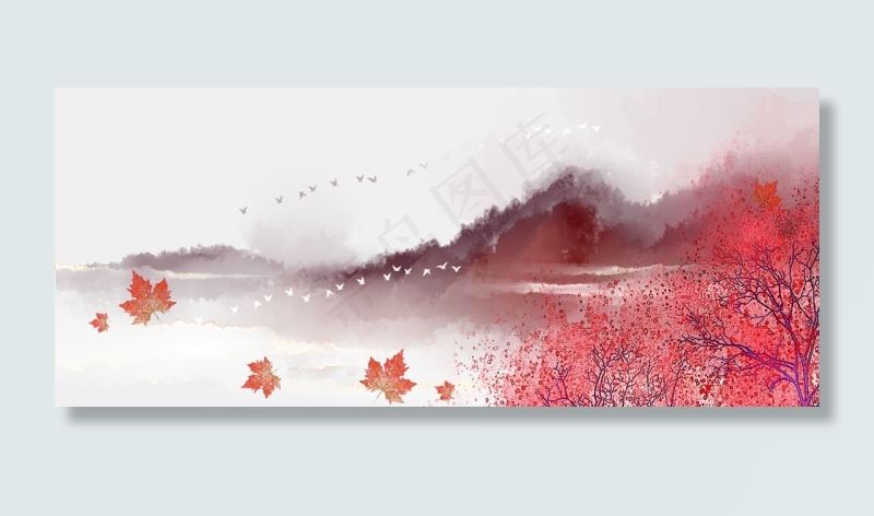 秋天大雁中国风水墨雁列枫山