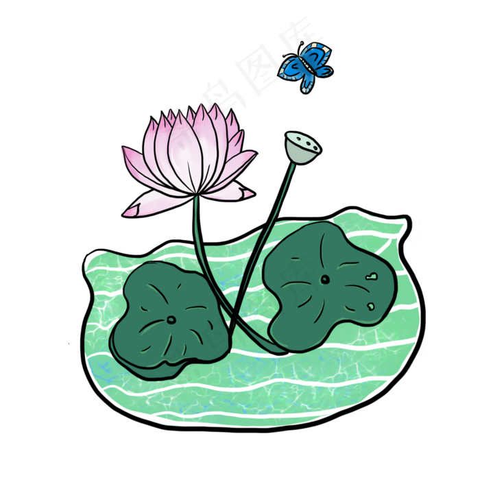荷花荷叶蝴蝶手绘小清新设计元素