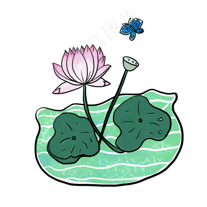 荷花荷叶蝴蝶手绘小清新设计元素(2000X2000(DPI:300))psd模版下载