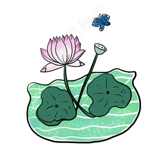 荷花荷叶蝴蝶手绘小清新设计元素