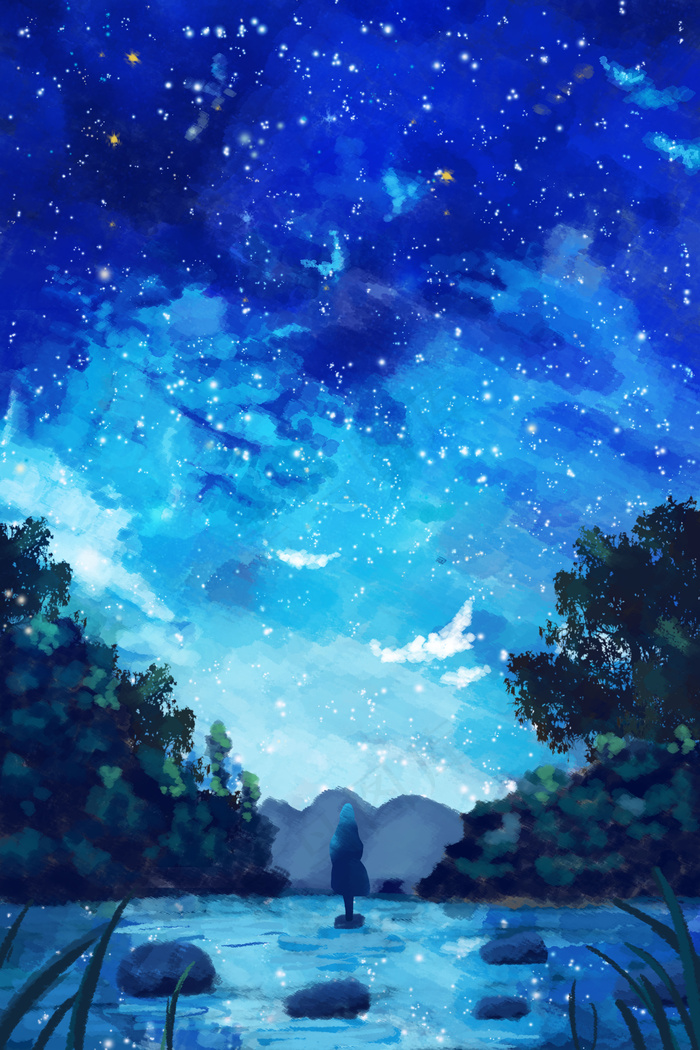 手绘唯美的星空夜景(3545X5315(DPI:150))psd模版下载