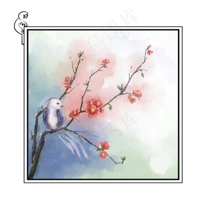 春季海棠中国风花鸟边框花卉植物,免抠元素