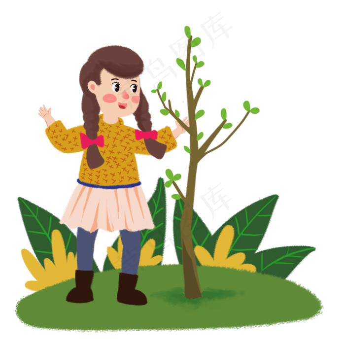 植树节双辫女孩赏树手绘人物PNG(3000X3000(DPI:300))psd模版下载
