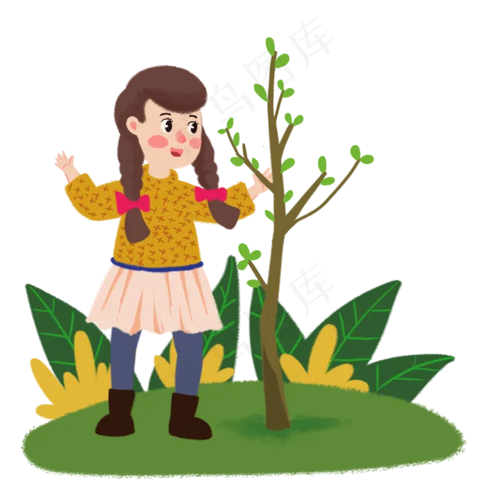 植树节双辫女孩赏树手绘人物PNG(3000X3000(DPI:300))psd模版下载