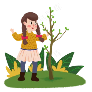 植树节双辫女孩赏树手绘人物PNG