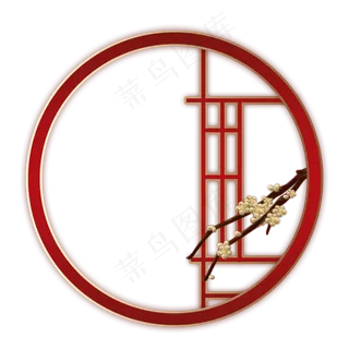 梅花金色红框窗框手绘,免抠元素