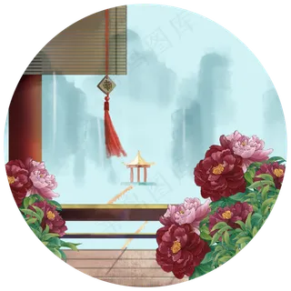 牡丹山水凉亭廊柱