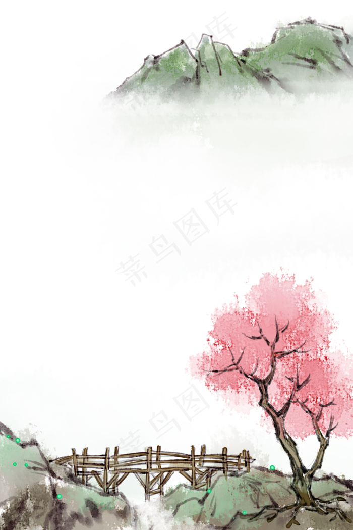 木桥流水山水水墨风景