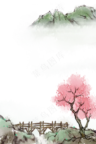 木桥流水山水水墨风景