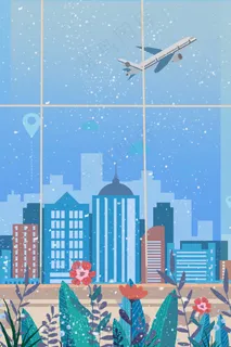 卡通城市楼盘和植物免抠图