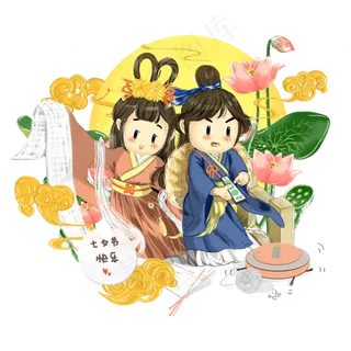 七夕情人节手绘浪漫相会鹊桥莲花