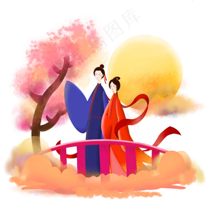 七夕情人节鹊桥相会牛郎织女,免抠元素