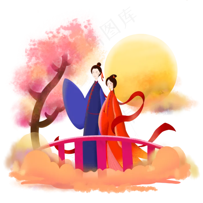 七夕情人节鹊桥相会牛郎织女,免抠元素